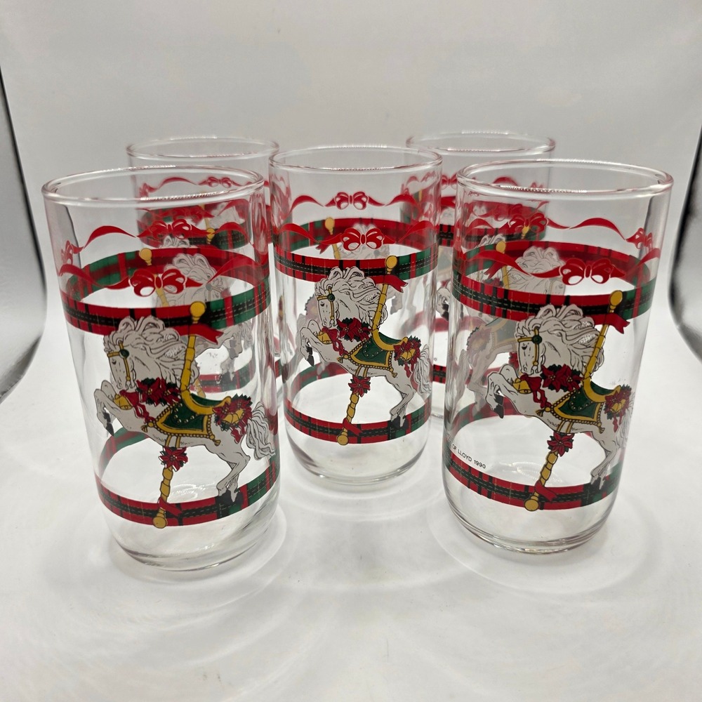 Vintage 1990 House of Lloyd Christmas Carousel Horse Plaid Glasses Set of 5